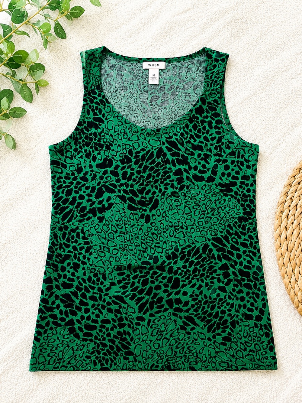 WHBM Green Black Animal Print Sleeveless V-Neck Top Size Medium